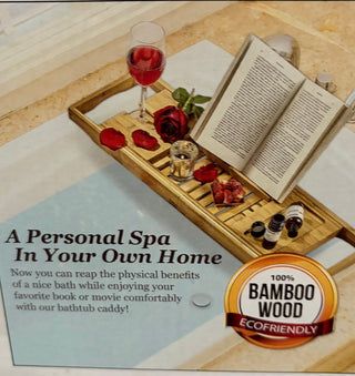Adjustable Bamboo Bath Caddy with Cell/Book/Wine Holder