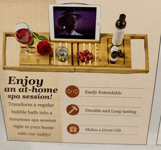 Adjustable Bamboo Bath Caddy with Cell/Book/Wine Holder