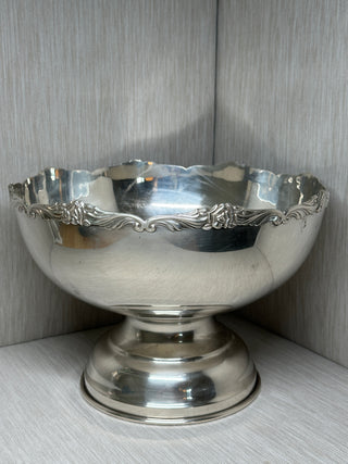 Silver Plate Rose Garland Punch Bowl | EP Nickel Silver, Japan | Mid-Century Pedestal Centerpiece