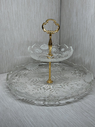 Vintage Mikasa Crystal "Snowflake" Two-Tier Tidbit Serving Tray | Gold-Tone Center Handle
