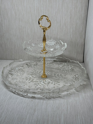 Vintage Mikasa Crystal "Snowflake" Two-Tier Tidbit Serving Tray | Gold-Tone Center Handle