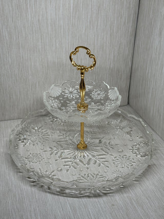 Vintage Mikasa Crystal "Snowflake" Two-Tier Tidbit Serving Tray | Gold-Tone Center Handle