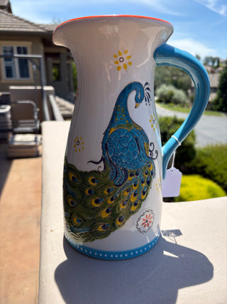 Talavera Inspired Ceramic Pitcher w/stylized Peacock 10"