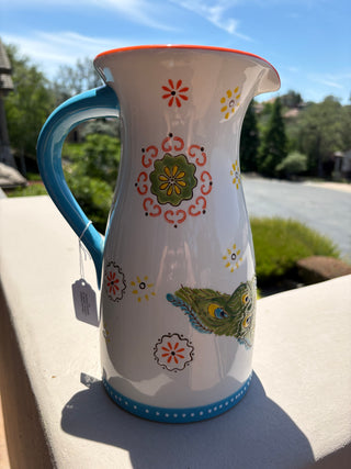 Talavera Inspired Ceramic Pitcher w/stylized Peacock 10"