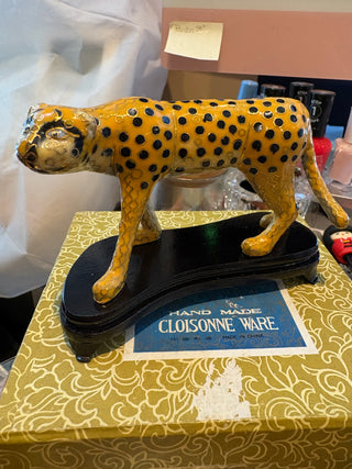 Vtg. Chinese Cloisonné Leopard Figurine, w/stand & box