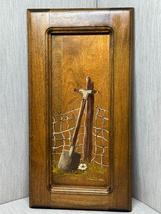 Vintage Folk Art Painting on Wood Cabinet Panel | Signed M. Lowery 1976 | Shovel & Fence Post Rustic Still Life