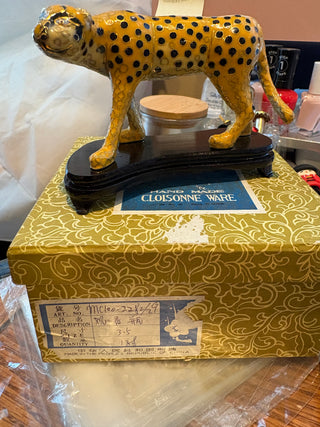 Vtg. Chinese Cloisonné Leopard Figurine, w/stand & box