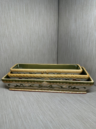 Hand-Painted Ceramic Nesting Relish Tray Set of 3 | Olive Green & Gold Majolica-Style Rectangular Dishes