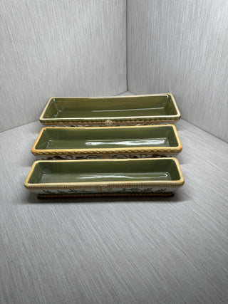 Hand-Painted Ceramic Nesting Relish Tray Set of 3 | Olive Green & Gold Majolica-Style Rectangular Dishes