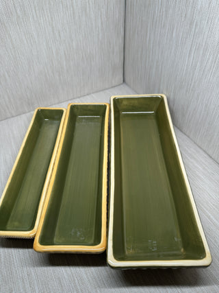 Hand-Painted Ceramic Nesting Relish Tray Set of 3 | Olive Green & Gold Majolica-Style Rectangular Dishes