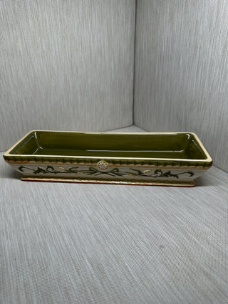 Hand-Painted Ceramic Nesting Relish Tray Set of 3 | Olive Green & Gold Majolica-Style Rectangular Dishes