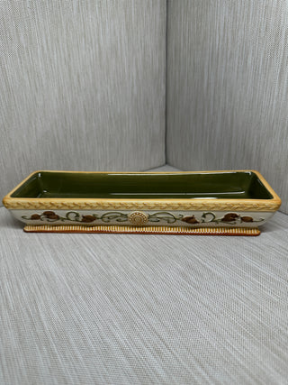 Hand-Painted Ceramic Nesting Relish Tray Set of 3 | Olive Green & Gold Majolica-Style Rectangular Dishes