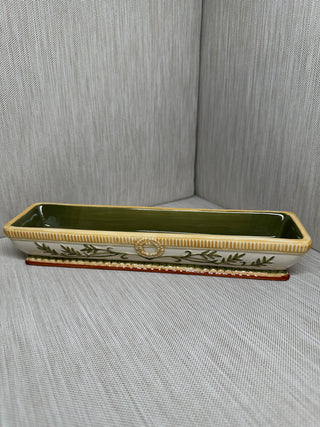Hand-Painted Ceramic Nesting Relish Tray Set of 3 | Olive Green & Gold Majolica-Style Rectangular Dishes