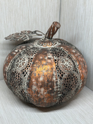 Pierced Metal Pumpkin Tealight Lantern | Distressed Copper & Silver Finish | Fall Farmhouse Candle Holder