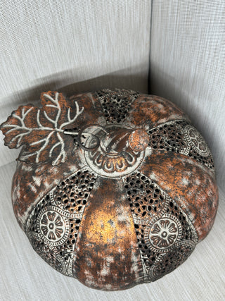 Pierced Metal Pumpkin Tealight Lantern | Distressed Copper & Silver Finish | Fall Farmhouse Candle Holder