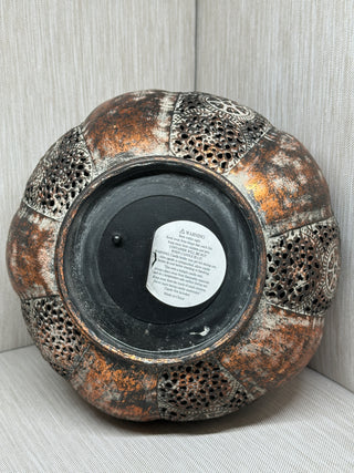 Pierced Metal Pumpkin Tealight Lantern | Distressed Copper & Silver Finish | Fall Farmhouse Candle Holder