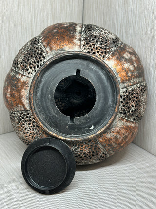 Pierced Metal Pumpkin Tealight Lantern | Distressed Copper & Silver Finish | Fall Farmhouse Candle Holder