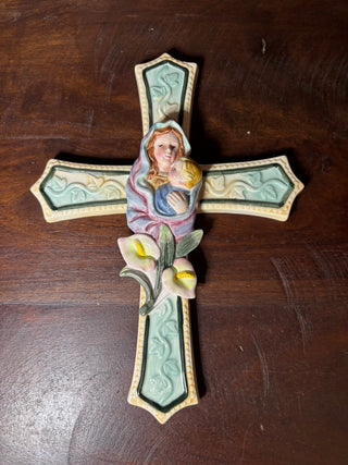 Vtg ceramic wall cross w/Mary&baby Jesus
