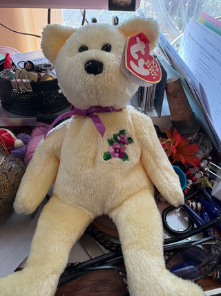 yellow Bliss Marketplace Beanie Baby - "Mother the Bear" 2002 yellow w/purple flowers