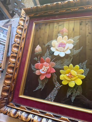 Mid Century Imitation Carved Jade  flowers pattern in a shadow box designed plaque