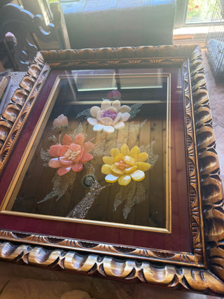 Mid Century Imitation Carved Jade  flowers pattern in a shadow box designed plaque