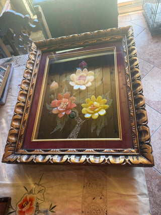 Mid Century Imitation Carved Jade  flowers pattern in a shadow box designed plaque