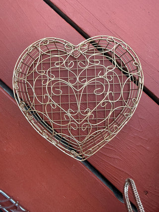 vintage gold-tone scrollwork wire heart basket