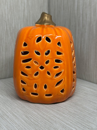 Glazed Ceramic Pierced Pumpkin Lantern | Glossy Orange with Gold Stem | Fall Tealight Candle Holder