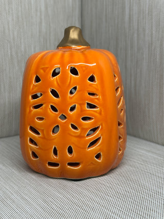 Glazed Ceramic Pierced Pumpkin Lantern | Glossy Orange with Gold Stem | Fall Tealight Candle Holder