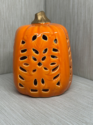 Glazed Ceramic Pierced Pumpkin Lantern | Glossy Orange with Gold Stem | Fall Tealight Candle Holder