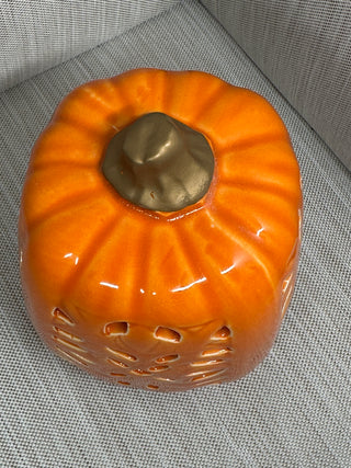 Glazed Ceramic Pierced Pumpkin Lantern | Glossy Orange with Gold Stem | Fall Tealight Candle Holder