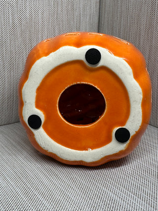 Glazed Ceramic Pierced Pumpkin Lantern | Glossy Orange with Gold Stem | Fall Tealight Candle Holder