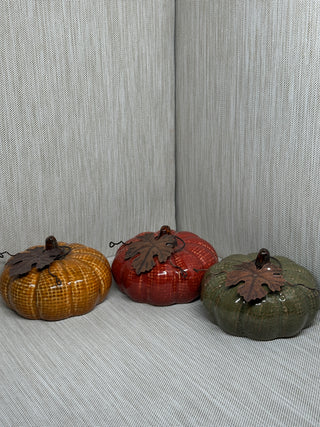 Set of 3 Glazed Ceramic Pumpkins | Woven Texture Finish with Metal Leaf & Vine Accents | Gold, Red & Sage Fall Decor
