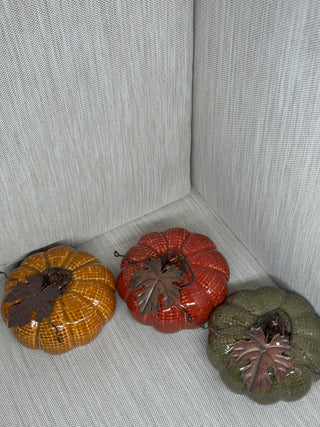 Set of 3 Glazed Ceramic Pumpkins | Woven Texture Finish with Metal Leaf & Vine Accents | Gold, Red & Sage Fall Decor