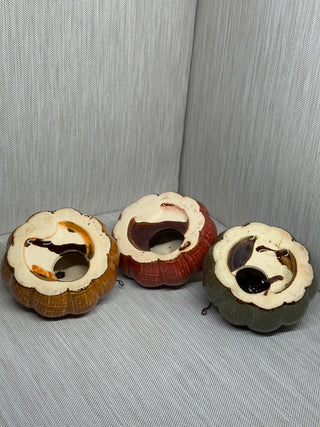 Set of 3 Glazed Ceramic Pumpkins | Woven Texture Finish with Metal Leaf & Vine Accents | Gold, Red & Sage Fall Decor