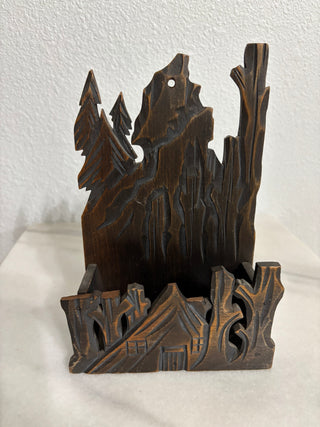 Vtg hand-carved folk art forest wood wall box