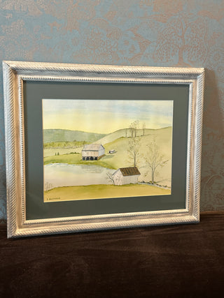 Original Watercolor "Quiet Farm Landscape" | Signed D. Alexander | Ornate White & Grey Frame