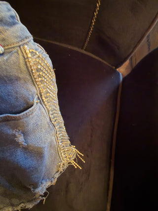 Fashion Nova distress denim shorts with fringe rhinestone tassels along the side  size 3