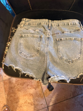 Fashion Nova distress denim shorts with fringe rhinestone tassels along the side  size 3