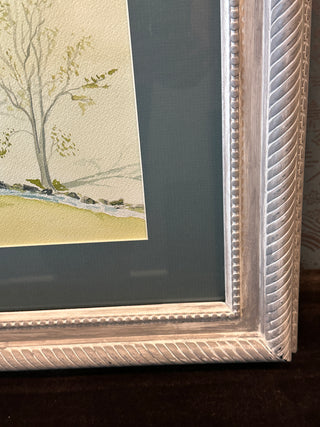 Original Watercolor "Quiet Farm Landscape" | Signed D. Alexander | Ornate White & Grey Frame