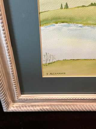 Original Watercolor "Quiet Farm Landscape" | Signed D. Alexander | Ornate White & Grey Frame