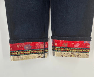 DG2 Diane Gilman Embroidered Sequin Crop Jeans Dark Wash Asian Print Trim Size 16 W