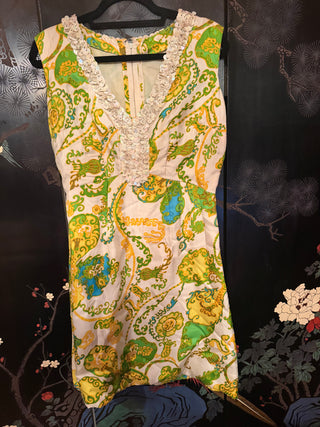 1960's Handmade Mod Paisley Shift Dress -White, Lime Green & Golden Yellow Size 0