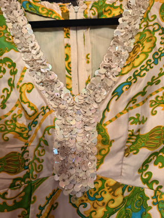 1960's Handmade Mod Paisley Shift Dress -White, Lime Green & Golden Yellow Size 0
