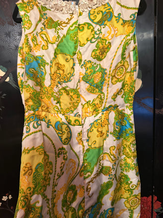 1960's Handmade Mod Paisley Shift Dress -White, Lime Green & Golden Yellow Size 0