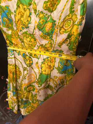 1960's Handmade Mod Paisley Shift Dress -White, Lime Green & Golden Yellow Size 0