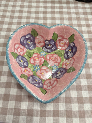 Vintage Hand Painted Heart Shaped Pottery Bowl
