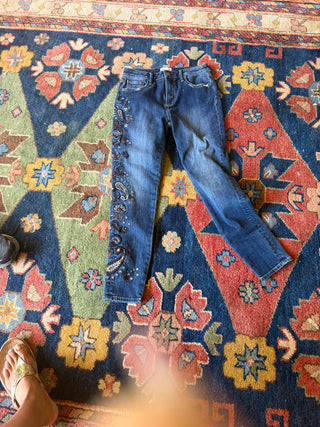 Driftwood Jeans Size 10 26 W X 28 L Blue Denim Floral Embroidered Jackie Boho Floral