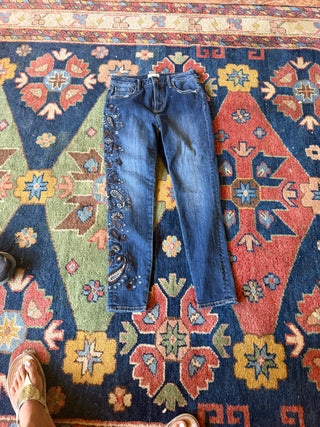 Driftwood Jeans Size 10 26 W X 28 L Blue Denim Floral Embroidered Jackie Boho Floral