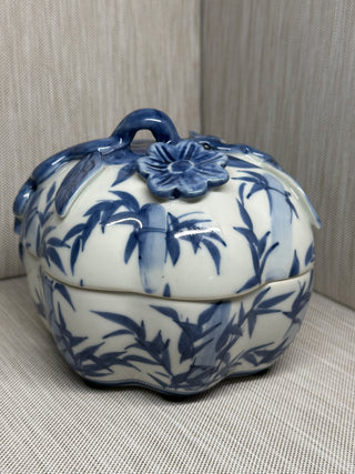 Vintage Blue and White Porcelain Pumpkin Trinket Box - Lidded Ceramic Candy Dish with Dimensional Flower Stem